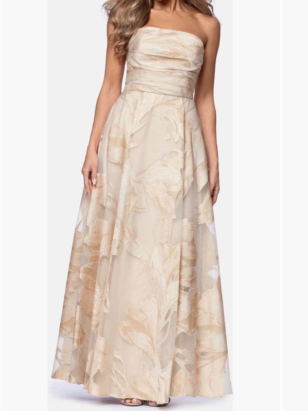 Xscape Evenings Shania Floral Jacquard Strapless Gown - Picture 3 of 9